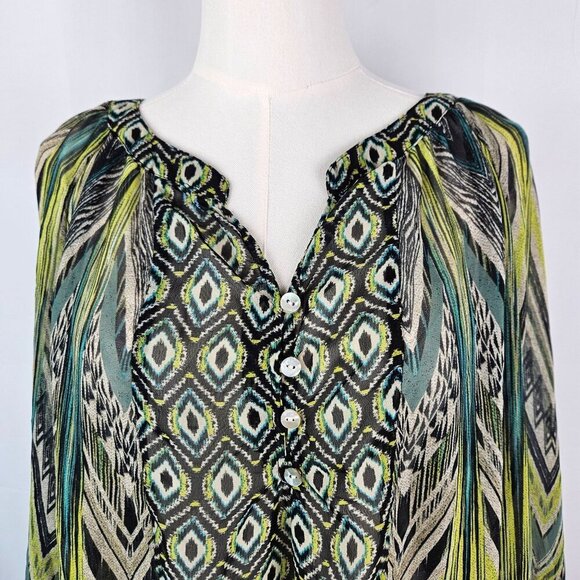 Figueroa & Flower 3X Sheer Green Boho Tunic Blouse 3/4 Sleeve Peacock Print - Picture 2 of 9
